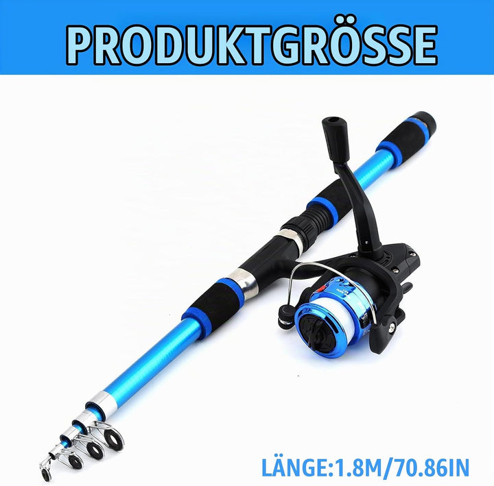 Angelset für Kinder, Blau 1.8M Kinderangel Starter Set, Angelrute Set Kinder mit Angelrolle und Köde