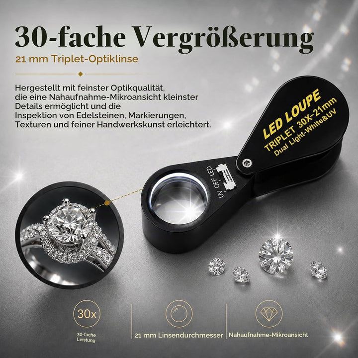 30-fache Vergrösserung Schmuckedelupe mit UV &amp; 6 LED-Juwelierstempel und Münzsammler, 30-fache Vergr