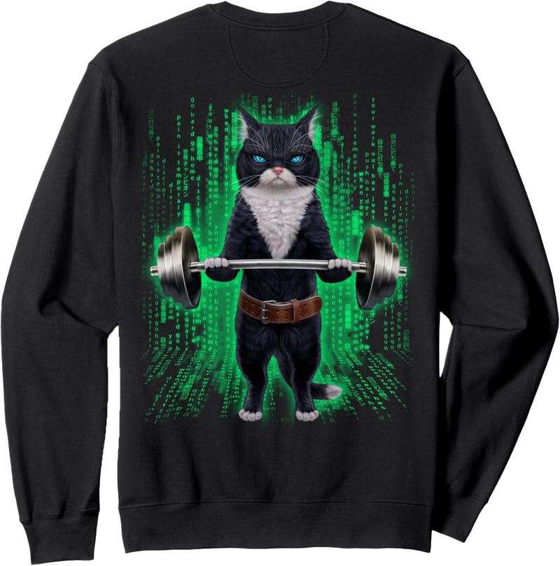 Bicolor Katze, die Gewichte im Cyber-Fitnessstudio hebt Sweatshirt