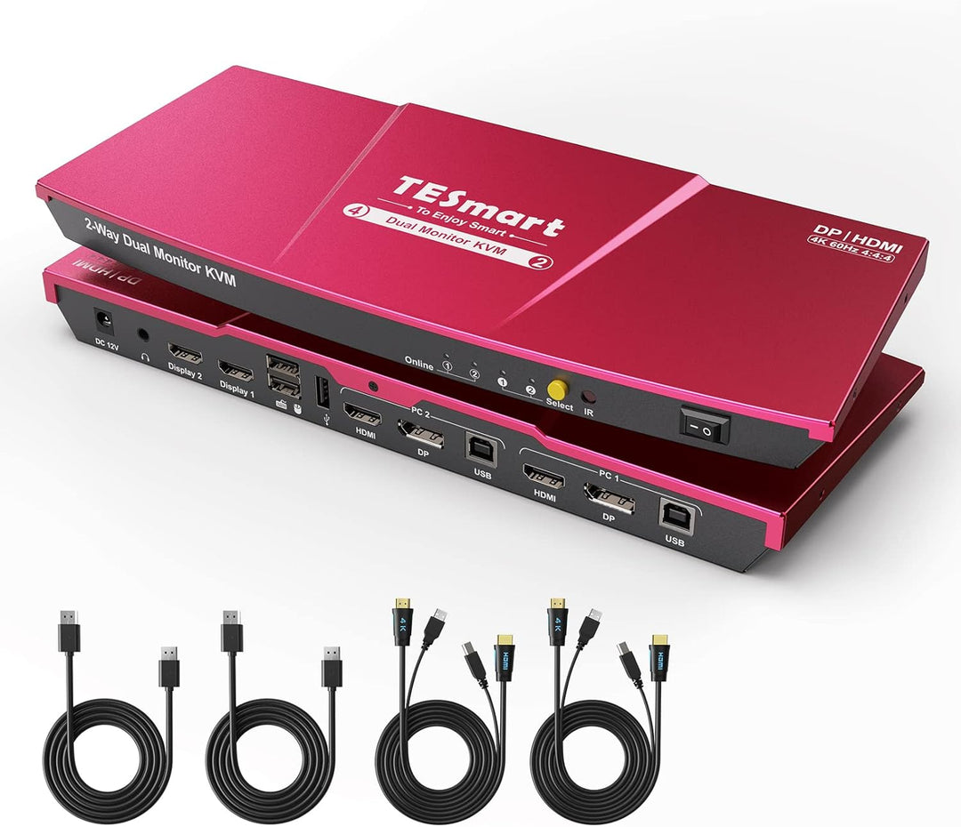 TESmart KVM Switch DisplayPort HDMI 2 Monitors, 4 Port DP+HDMI 2 PC 2 Monitor Switch mit Kabel, EDID