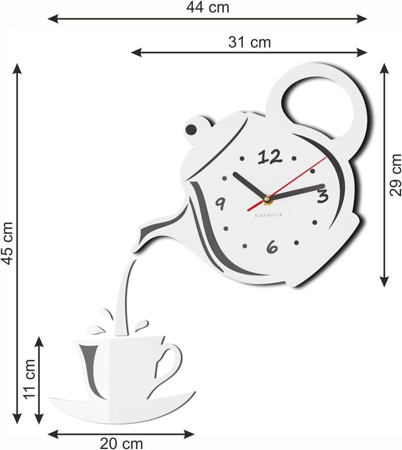 FLEXISTYLE Moderne Wanduhr für die Küche Tasse Und Kanne, 45 cm x 45 cm, 3D, leise, Design, Made in