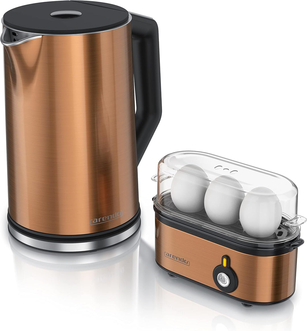 Arendo - Wasserkocher ELEGANT und Eierkocher THREECOOK im Set Edelstahl Kupfer – Wasserkocher 1,5L,