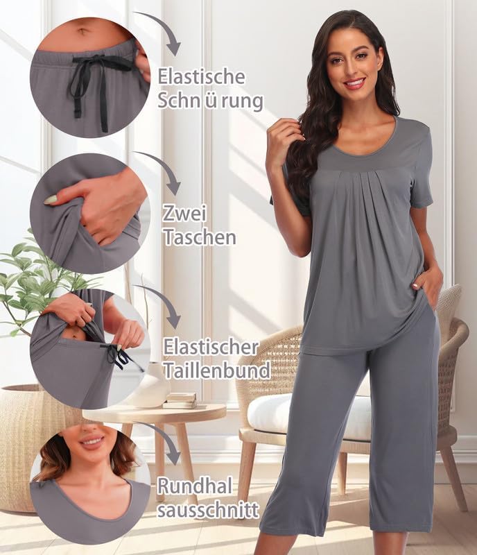 COLORFULLEAF Schlafanzug Damen Still Pyjama Set Zweiteiler Damen Sommer Leichter Kurzarm Nachtwäsche