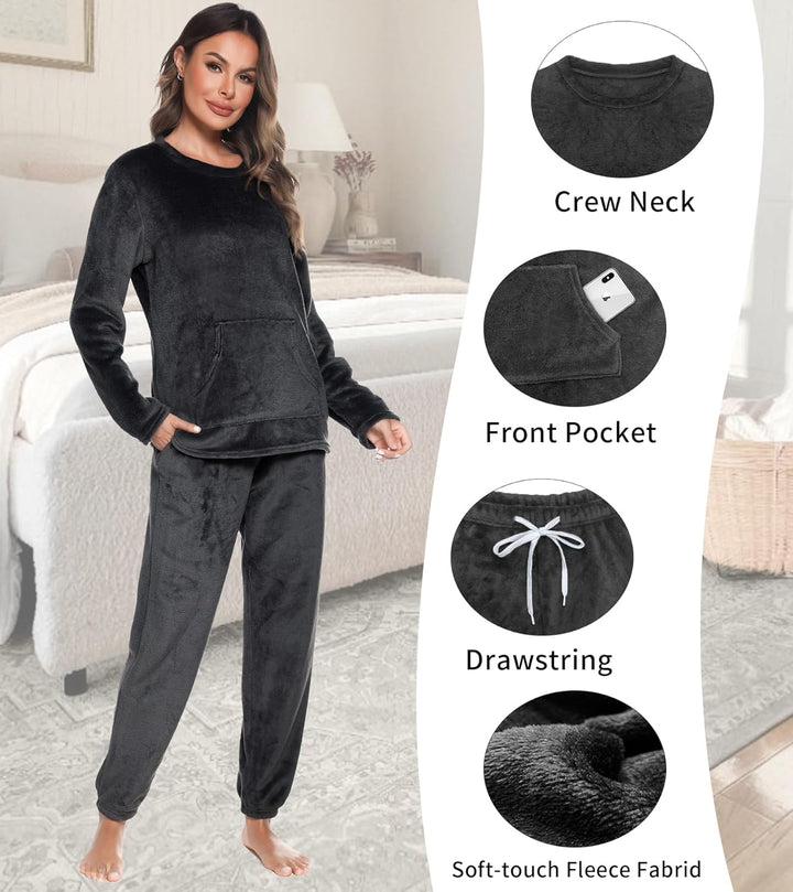 Lovasy Fleece Schlafanzug Damen Lang Winter Warmer Pyjama Set Flauschiger Frottee Schlafanzüge für D