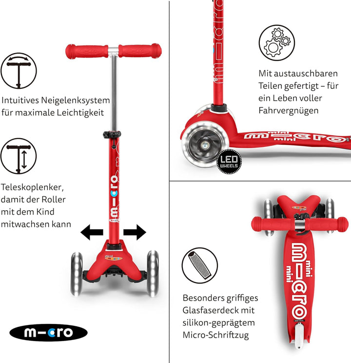Micro Scooters | Mini Micro Deluxe LED Children's Scooter | Handlebar Adjustable | Light Up Wheels |