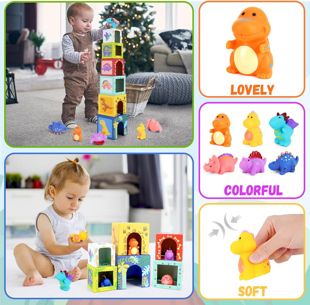 Baby Stapelwürfel und Stapelturm, Kinder Dinosaurier Montessori Spielzeug ab 1 2 3 Jahr, Geschenk ,