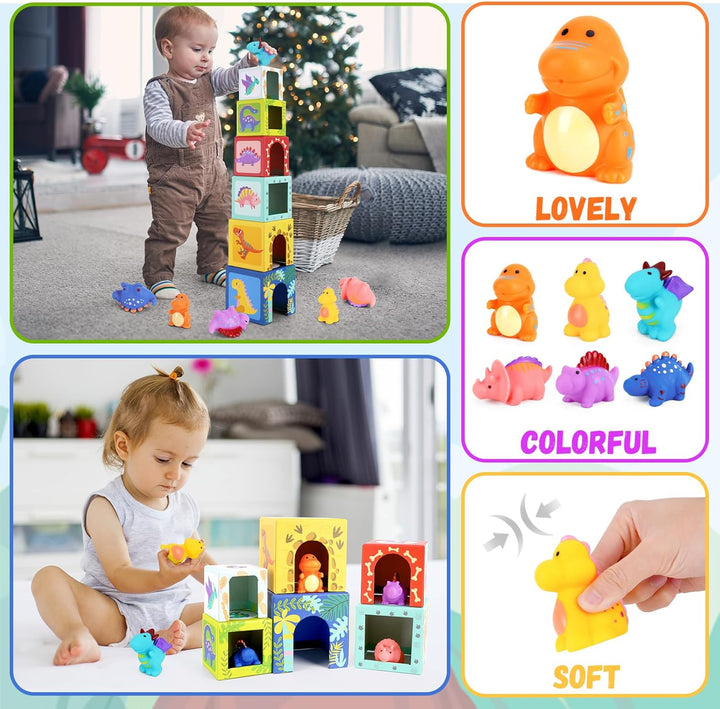 Baby Stapelwürfel und Stapelturm, Kinder Dinosaurier Montessori Spielzeug ab 1 2 3 Jahr, Geschenk ,
