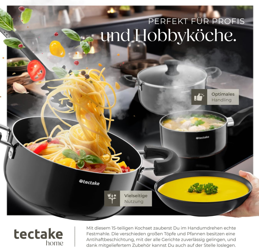 tectake® Küchenstarterset 6 Personen, Steingut Geschirr Set, Teller, 4 Töpfe 2 Pfannen rostfreies Al