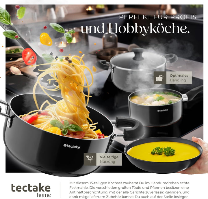 tectake® Küchenstarterset 6 Personen, Steingut Geschirr Set, Teller, 4 Töpfe 2 Pfannen rostfreies Al