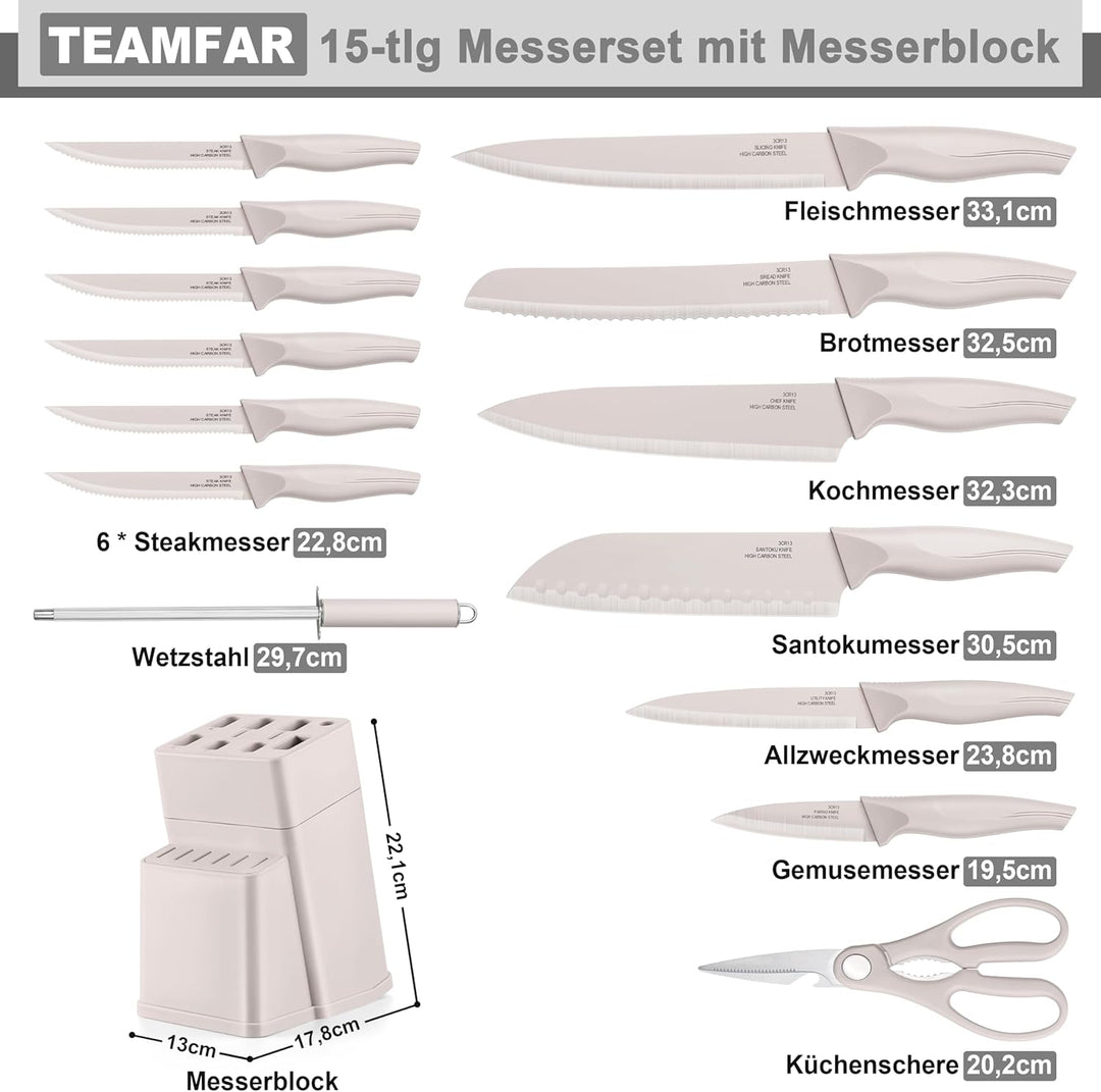 TEAMFAR Messerblock mit Messerset, 15-teilig Edelstahl küchenmesser Set mit Wetzstahl, Messerblock m