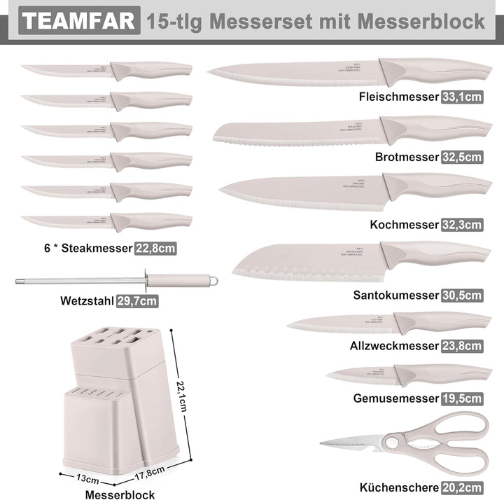 TEAMFAR Messerblock mit Messerset, 15-teilig Edelstahl küchenmesser Set mit Wetzstahl, Messerblock m