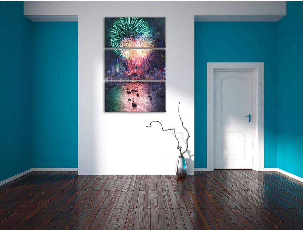 Pixxprint Boot auf See mit Feuerwerk Pinsel Effekt 3-Teiler Leinwandbild 120x80 Bild auf Leinwand