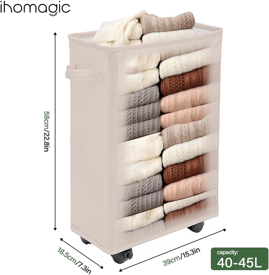 IHOMAGIC 40L Wäschekorb mit Rädern, Faltbarer Wäschesammler mit Rollen, Schmal Rechteckiger Wäschebe