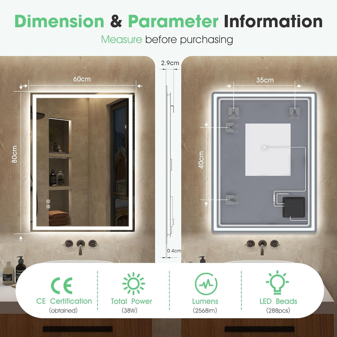S'bagno Badspiegel mit Beleuchtung 800x600mm,LED Badezimmerspiegel mit Speicher, Entfoggen, 3000K/40