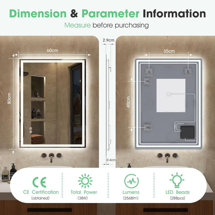 S'bagno Badspiegel mit Beleuchtung 800x600mm,LED Badezimmerspiegel mit Speicher, Entfoggen, 3000K/40