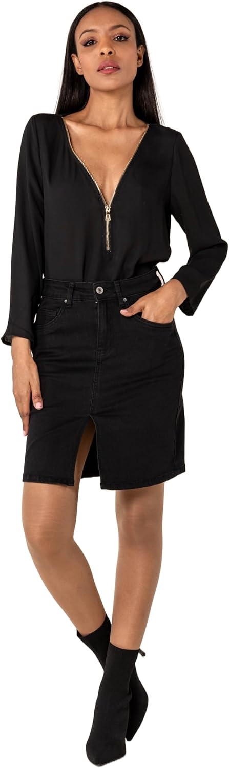 Nina Carter P213 Damen Kurzer Jeansrock mit Vorderem Schlitz Reissverschluss Stretch Used-Look Schwa