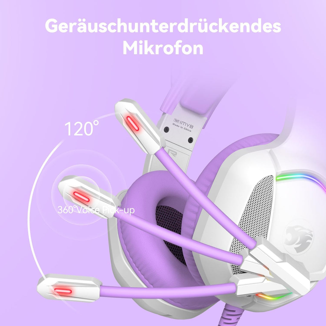 Gaming Headset mit Katzenohren abnehmbaren, RGB-Licht, Stereo Surround Noise Cancelling, Mikrofon fü