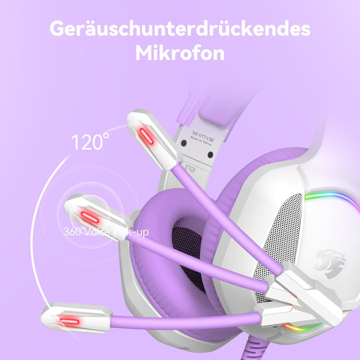 Gaming Headset mit Katzenohren abnehmbaren, RGB-Licht, Stereo Surround Noise Cancelling, Mikrofon fü