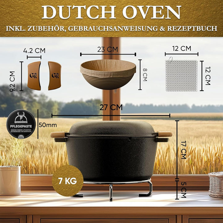 2-in-1 Gusseisen Brotbackform mit Gärkörbchen – eingebrannter Gusseisentopf zum Brotbacken 4,8 L & G