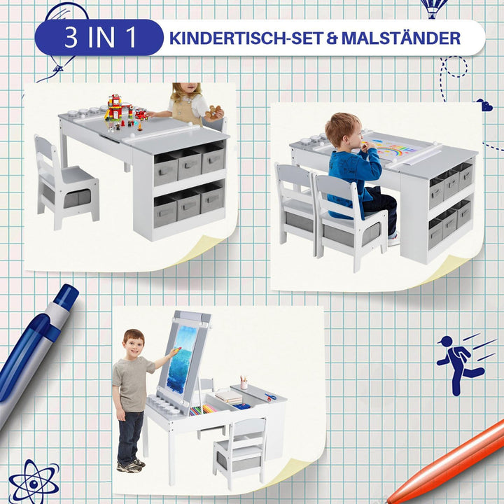 GRAVFORCE Kindertisch mit 2 Stühlen, Maltisch & Basteltisch Kinder mit anhebbarer Tischplatte, Spiel