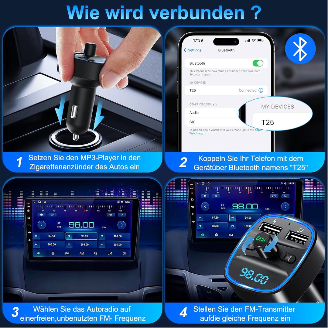 Bluetooth 5.3 FM Transmitter, KFZ Bluetooth Adapter Auto Radio, 2 USB Autoladegerät LED Display Auto