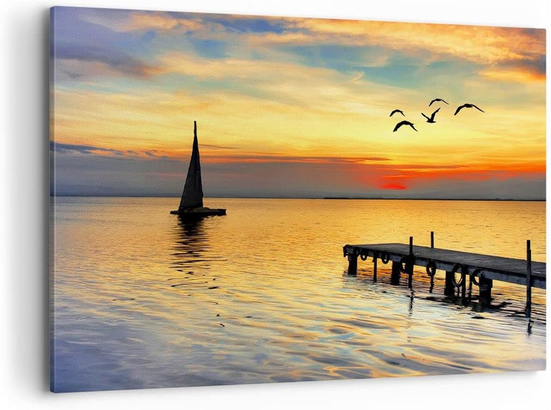 Bilder auf Leinwand 100x70cm Leinwandbild Strand landschaft wasser brücke Gross Wanddeko Bild Schlaf