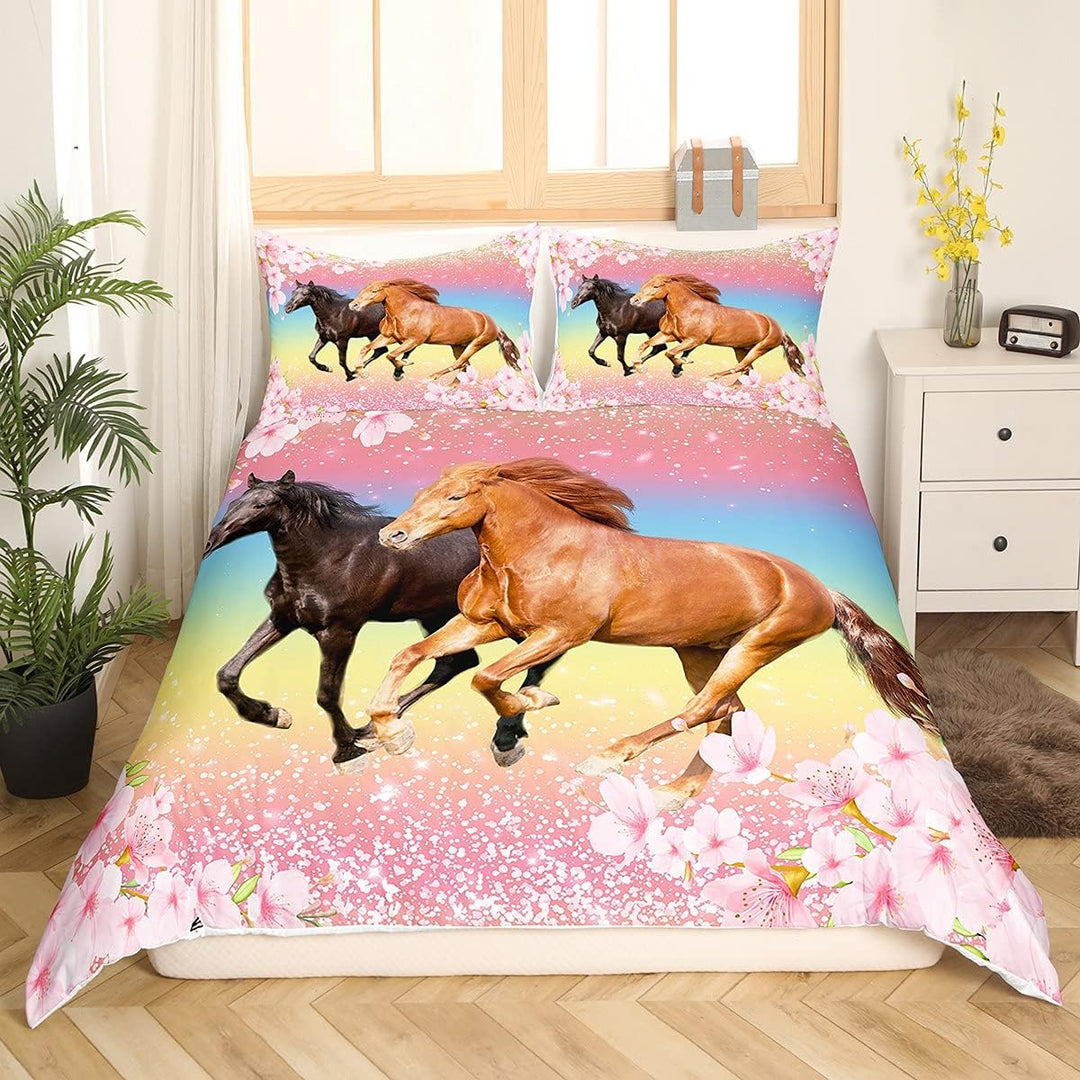 Homemissing Bettwäsche für Mädchen, Pferd, 220 x 240 cm, Motiv: Pferde, Rosa, Blumenmuster, Bettbezu