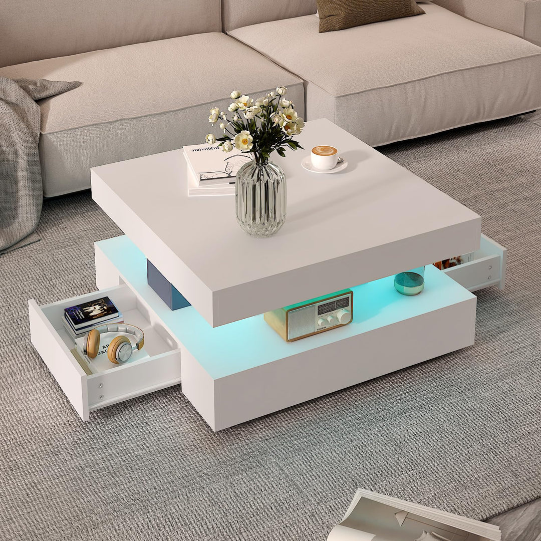 KEEPREAPER Couchtisch LED, Wohnzimmertisch mit 2 Schubladen für Wohnzimmer 78 x 78 x 40cm (Weiss), W