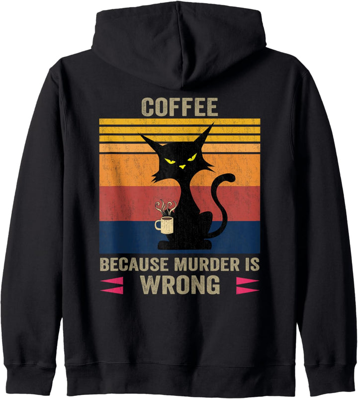 Kaffee weil Mord falsch ist Schwarze wütende Katze trinkt Kaffee Kapuzenjacke