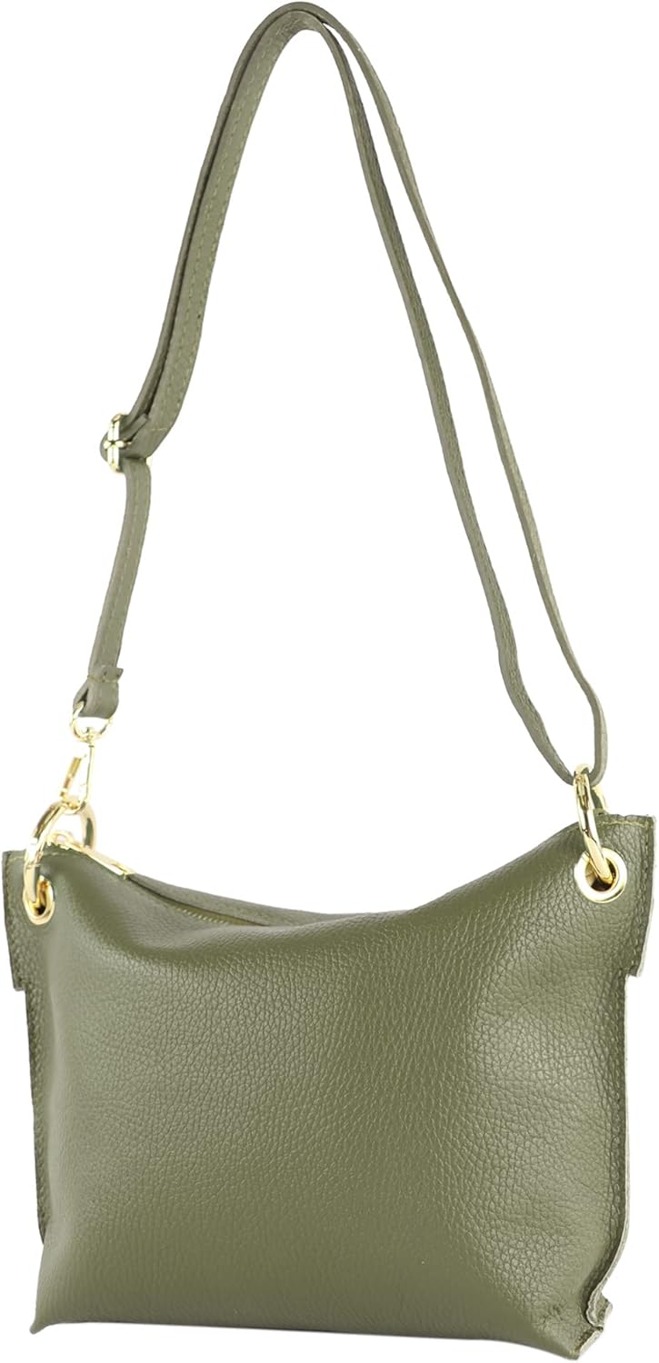 modamoda de - T243 - ital. Umhängetasche Klein Small aus Leder Olivgrün, Olivgrün
