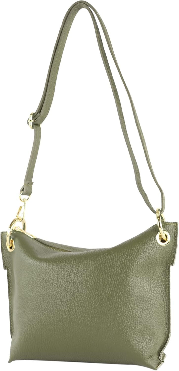 modamoda de - T243 - ital. Umhängetasche Klein Small aus Leder Olivgrün, Olivgrün