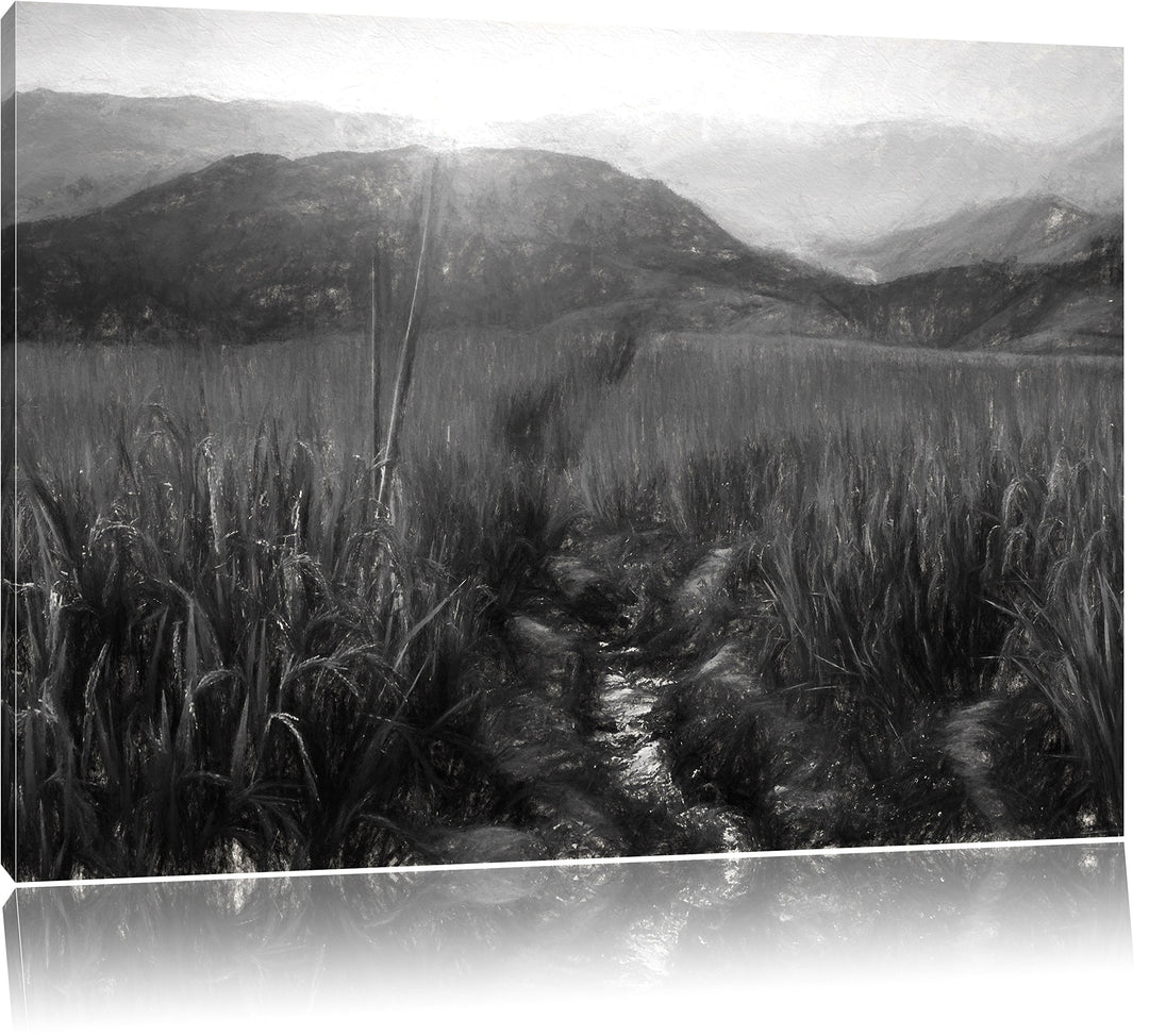 Pixxprint Reisfeld Plantage in Asien Kunst Kohle Effekt, Format: 100x70 auf Leinwand, 100x70