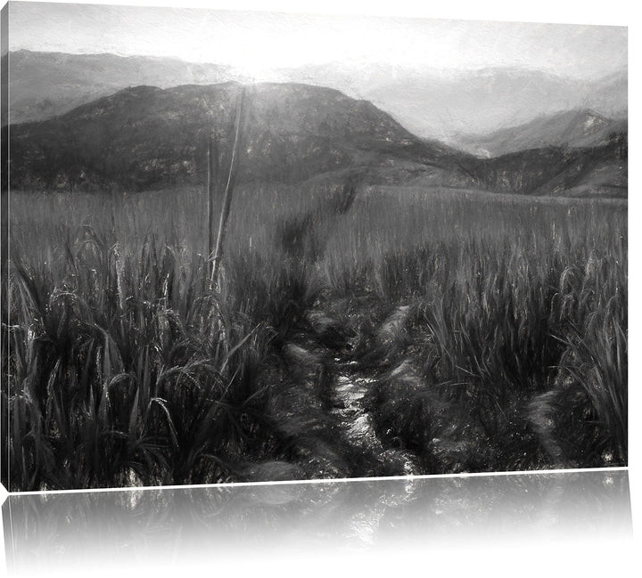 Pixxprint Reisfeld Plantage in Asien Kunst Kohle Effekt, Format: 100x70 auf Leinwand, 100x70
