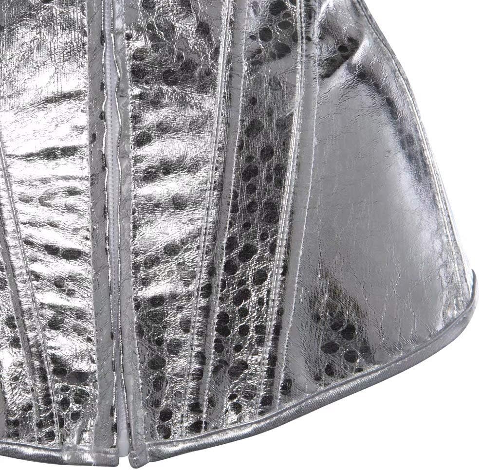 Josamogre Leder Korsett Corset Top Damen Kunstleder Corsage Gothic Reissverschluss Sexy 3XL Silver,