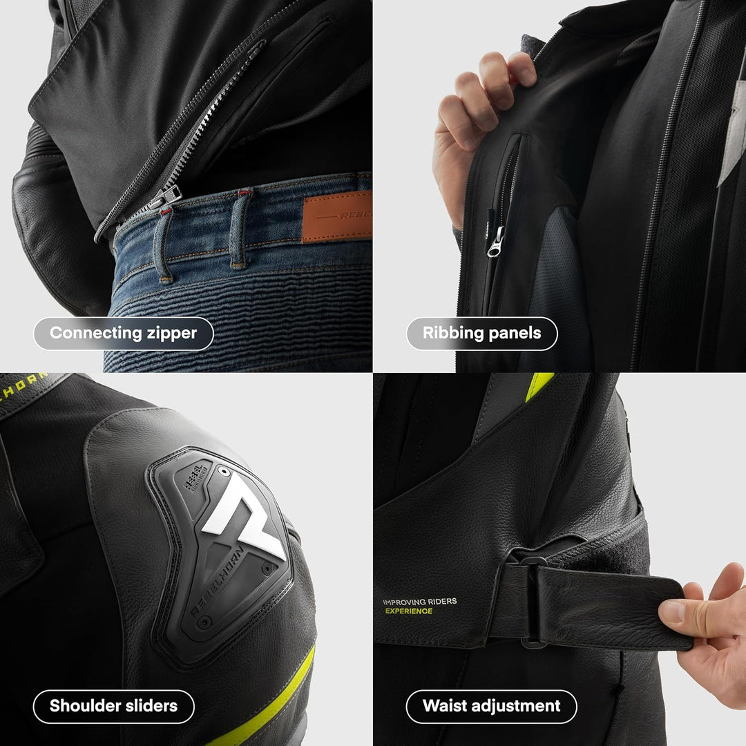 REBELHORN Veloce Motorradjacke Herren | Leder | Ellbogen und Schulterprotektoren Stufe 2 | Schulters