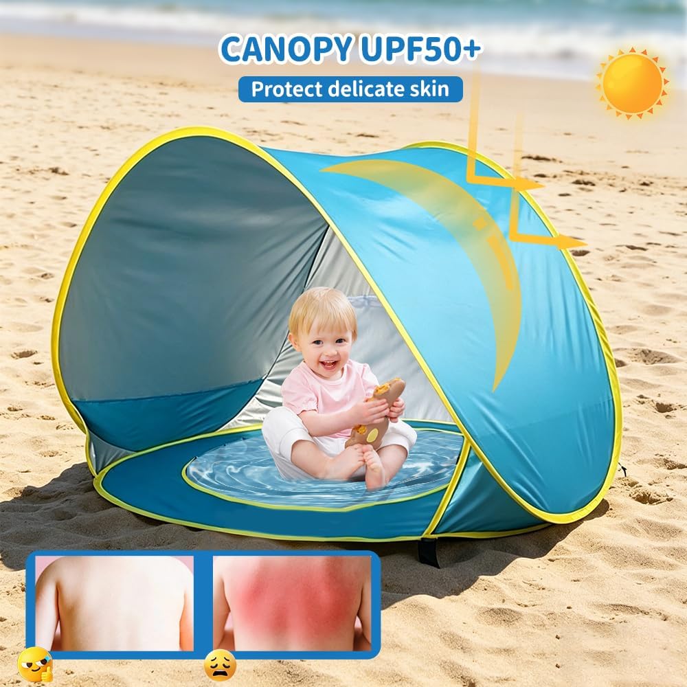 Strandmuschel Pop Up, Strandmuschel Baby UV Schutz 50, Sonnenschutz Strand mit Mini Pool, Baby Stran