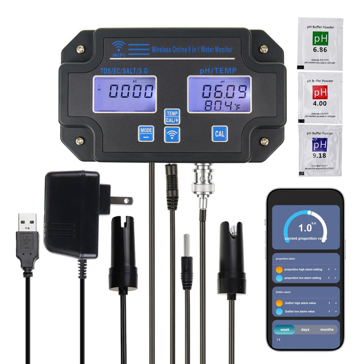 Professioneller 6-in-1-Wasserqualitätsmonitor testet pH-Wert, TDS, EC, Salzgehalt, SG, Temperatur Wi