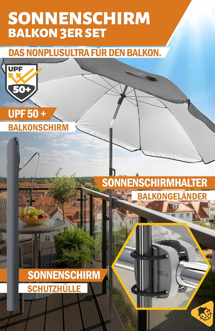 4smile Sonnenschirm Balkon 3-in-1 SET SunnyJoy, Anthrazit - UPF 50+ Sonnenschirm Ø 180 cm + Sonnensc