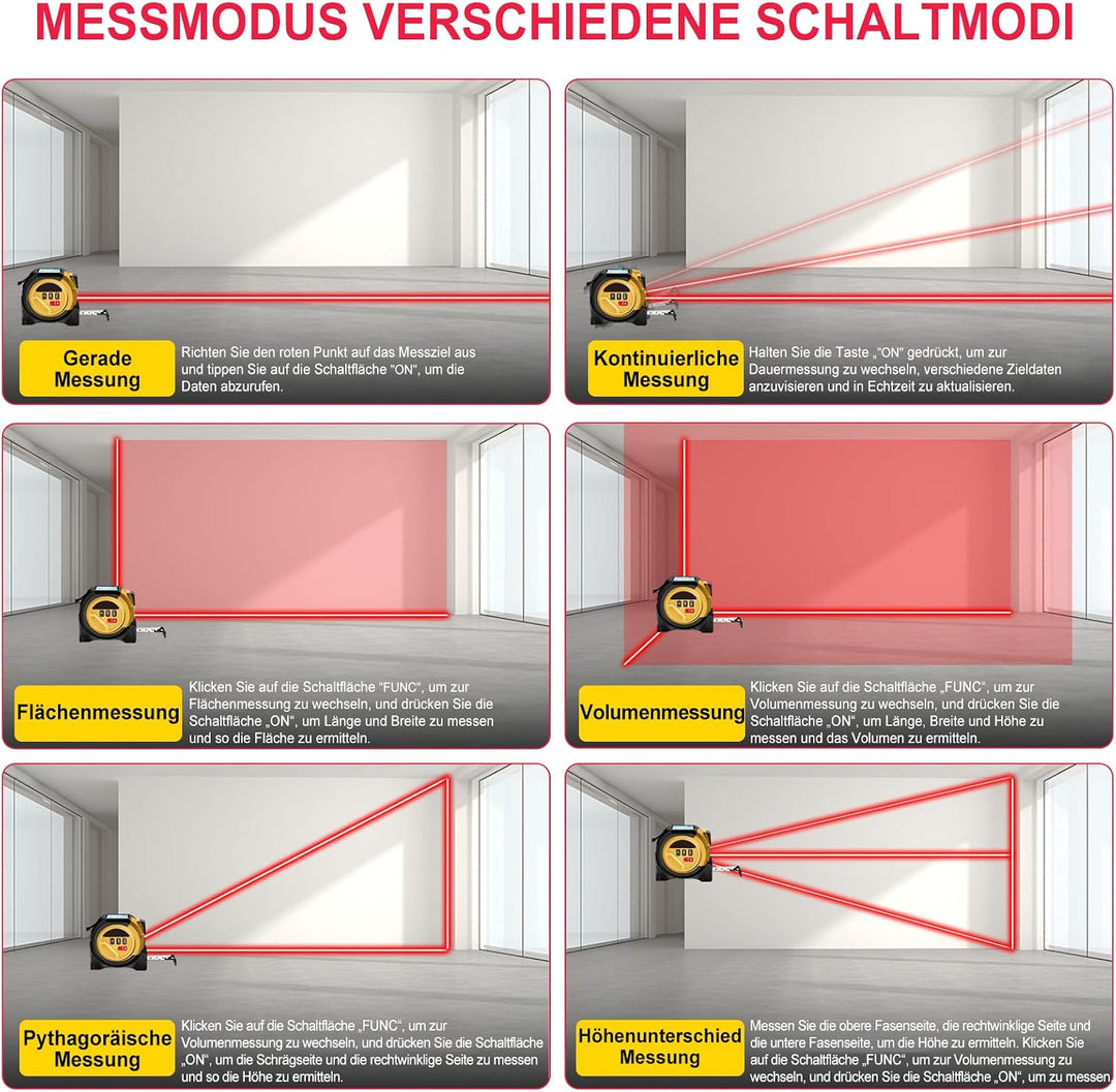 Laser Massband, 40m/60m Laser-entfernungsmesser und 5m Bandmass und Kreuzlaser, Speicher für 20 Mess