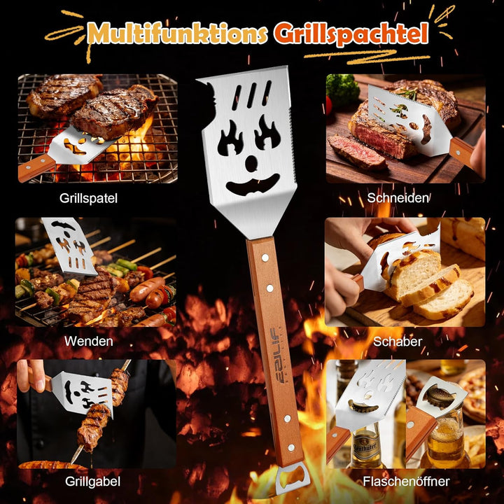 7-in-1 Grillbesteck Set, Multifunktionales Grillspachtel mit Grillzange Edelstahl, BBQ Grill Zubehör