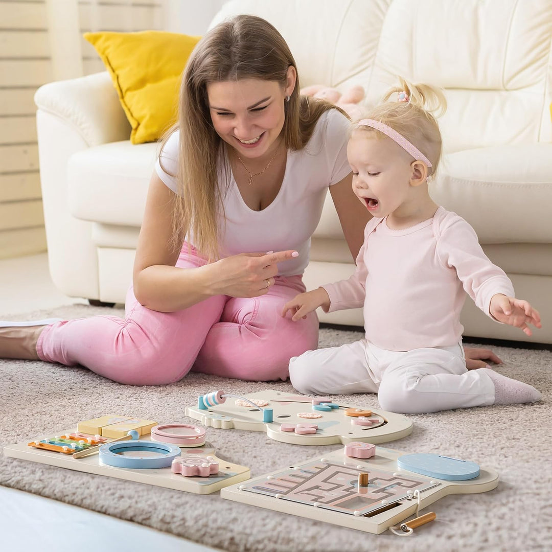 ROBUD Montessori Motorikbrett Holz – 11-in-1 Busy Board Wandspielzeug für Kinder ab 18 Monaten, Mont