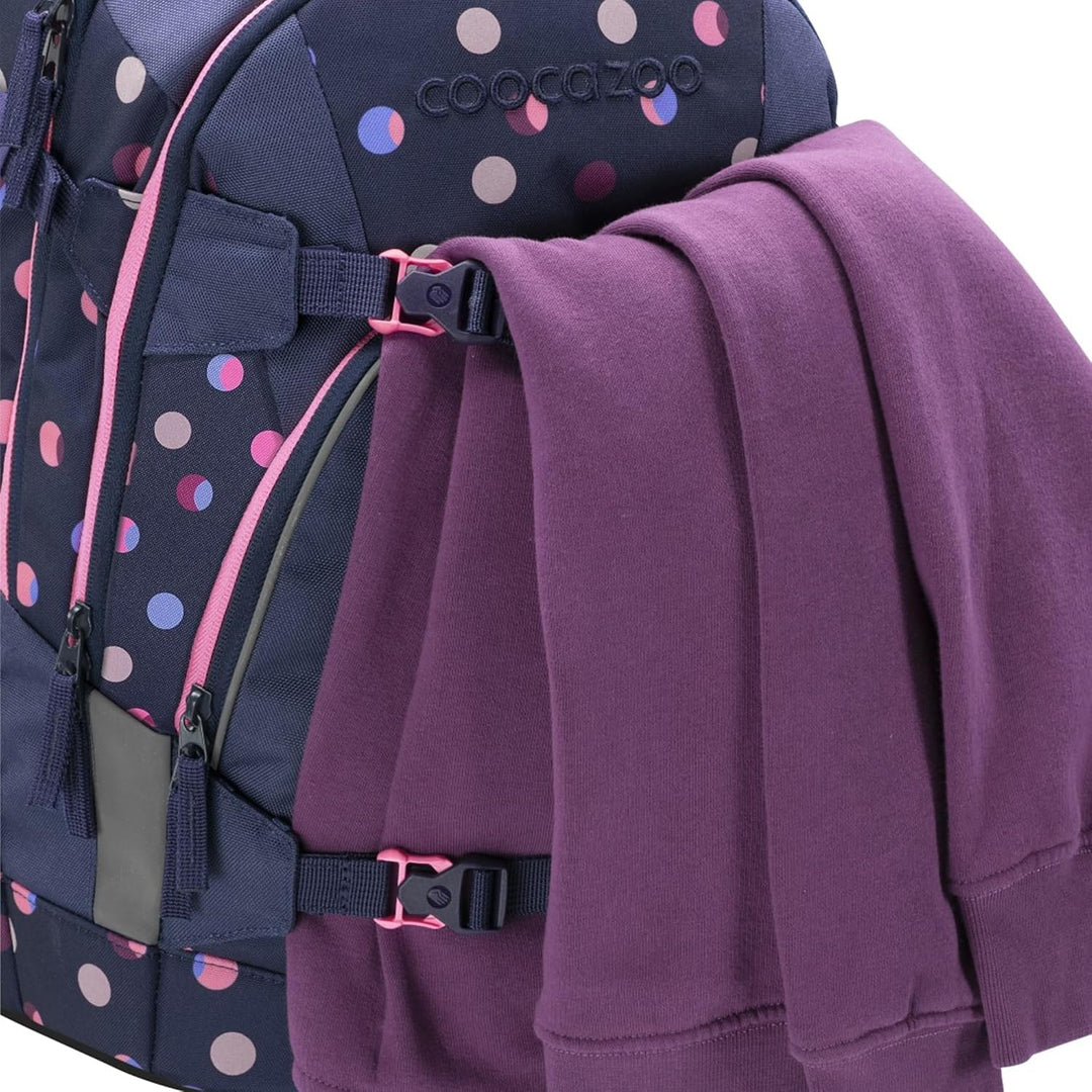 Coocazoo Schulrucksack-Set Mate „Reflective Moons“ 3-teilig, lila, ergonomischer 30L Tornister, mit