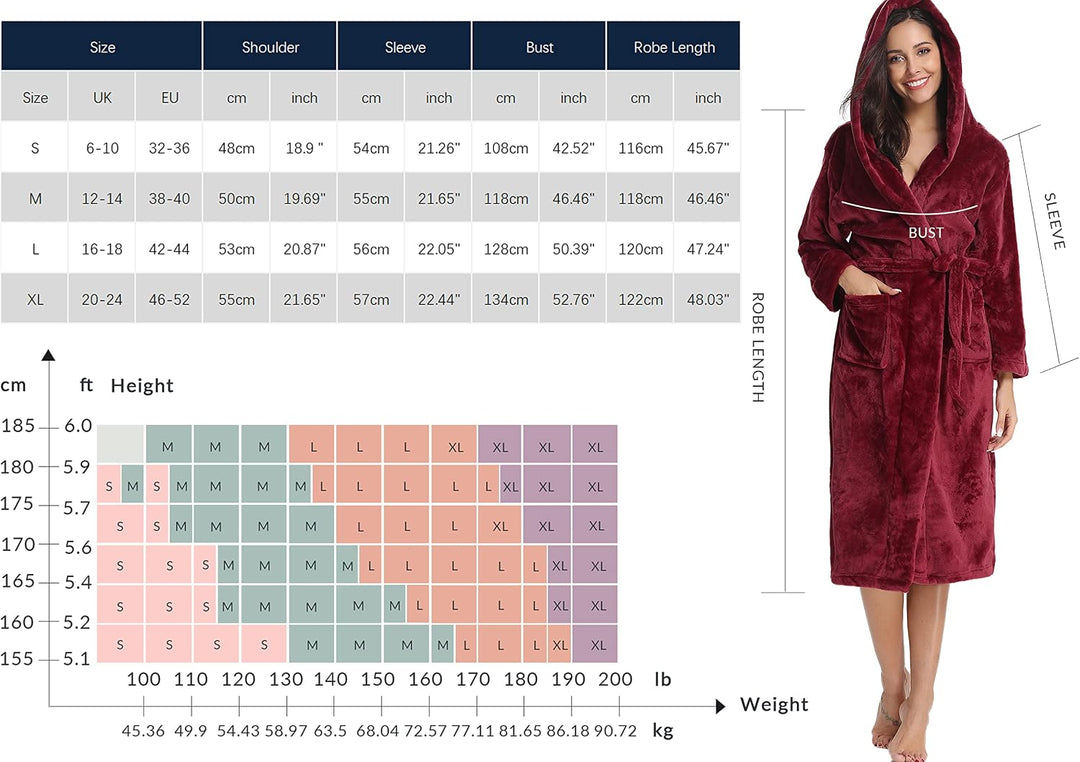 Vlazom Damen Winter Bademantel Flanell mit Kapuze Langärme Morgenmantel Saunamantel Flauschiger Robe