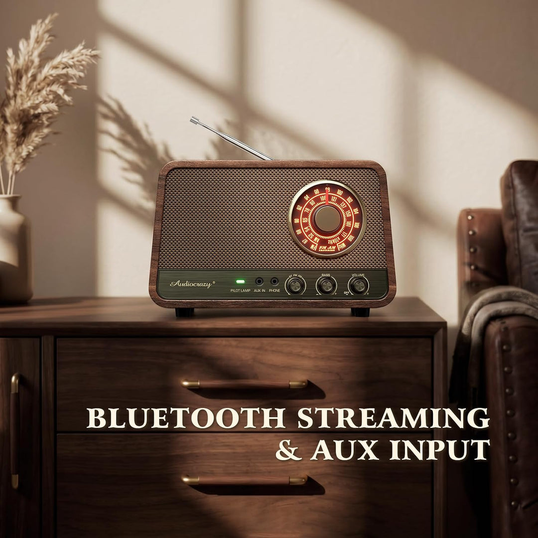 Retro-Tisch-FM-Radio mit Bluetooth-Lautsprecher, klassisches Holz-Finish, Wandstecker für Zuhause, B