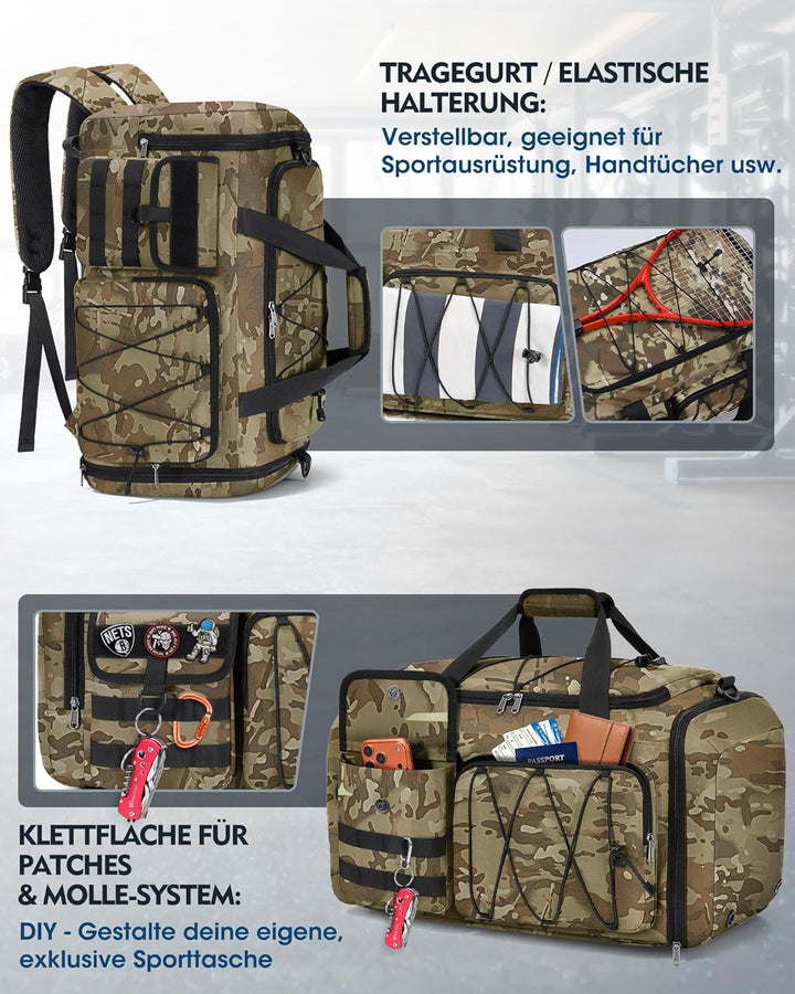 RAINSMORE 45L Sporttasche Herren Damen, 3-IN-1 Reisetasche mit Schuhfach Nassfach, Wasserdicht Gym D