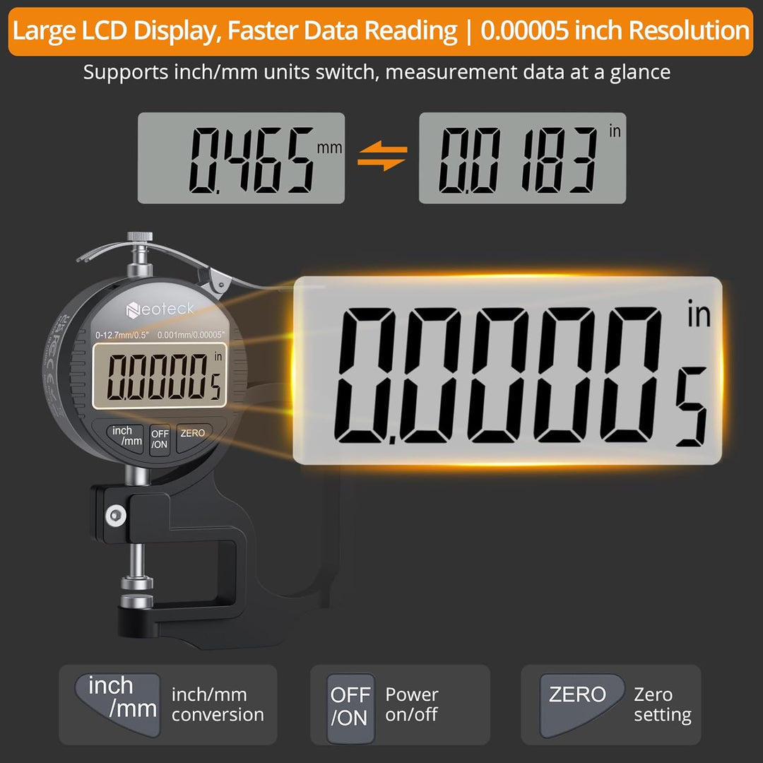 Neoteck Tragbarer Digitaler Dickenmessstreifen 0-12,7 mm Messbereich 0,001/0,00005 '' elektronischer