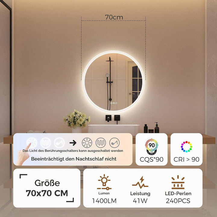 STARLEAD 70cm Runder-Badspiegel-mit-Beleuchtung, Bluetooth, Dimmbar, 3 Farbtemperatur, Entfoggen, Sp