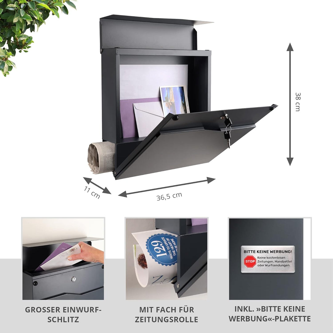 Forgard wetterfester Briefkasten mit Zeitungsfach, Briefbox, Zinkstahl Wandbriefkasten mit Schloss,