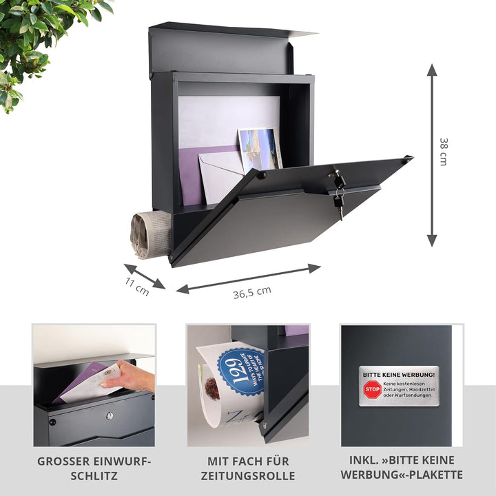 Forgard wetterfester Briefkasten mit Zeitungsfach, Briefbox, Zinkstahl Wandbriefkasten mit Schloss,