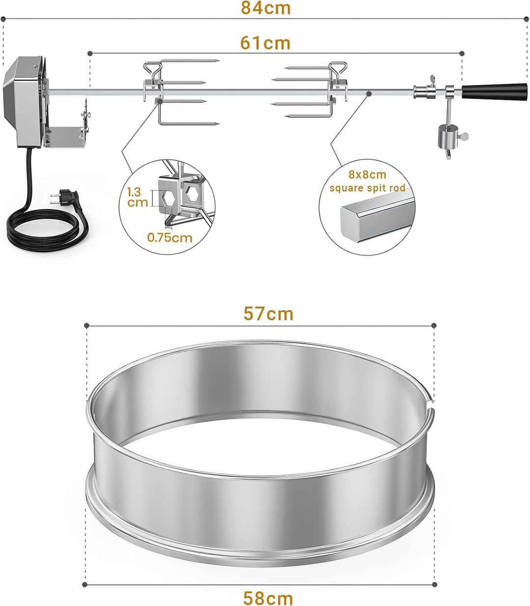 onlyfire 57CM Universal Edelstahl Drehspiess mit Motor Grillspiess-Aufsatz Set für Kugelgrill, Rotis